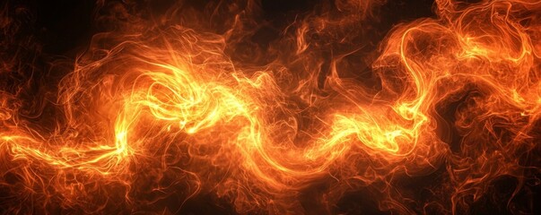 Fototapeta premium A vibrant, swirling pattern of fiery orange and yellow hues against a dark background, resembling flowing flames or molten lava.