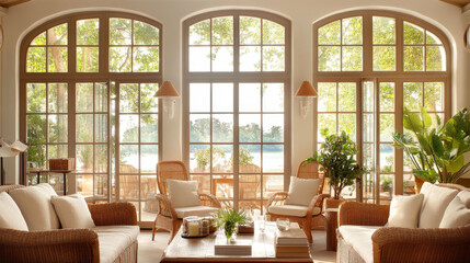 Obraz premium bright and airy living room with large windows, showcasing beautiful view of nature. space features comfortable seating, natural decor, and serene atmosphere