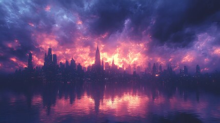 Naklejka premium City Skyline Reflected in Water Under Dramatic Sunset Clouds