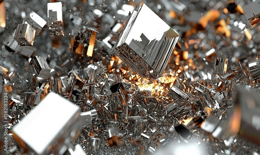 Poster metallic cubes exploding with orange sparks, dynamic abstract background.