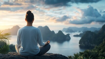Fototapeta premium A person sitting in a meditation pose silhouetted against a breathtaking mountain landscape with dramatic clouds and a glowing sunset sky This serene and tranquil scene evokes a sense of mindfulness