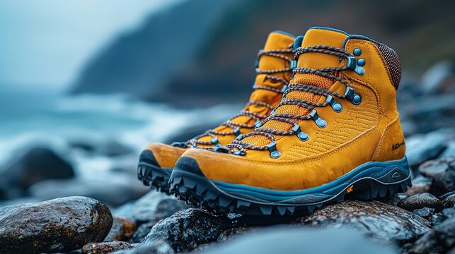 Photo - Yellow Hiking Boots on Rocky Coastline Adventure