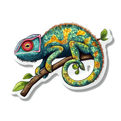 Fototapeta premium Vibrant Chameleon on Branch, Sticker Design, Reptile Illustration