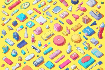 Colorful isometric illustration of various everyday objects