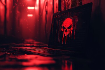 A laptop showing a virus warning with a red alert symbol