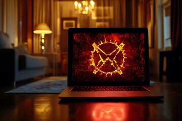 A laptop showing a virus warning with a red alert symbol