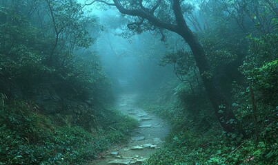 Fototapeta premium Misty forest path, stone steps, green foliage, mysterious atmosphere, ideal for fantasy or adventure themes.