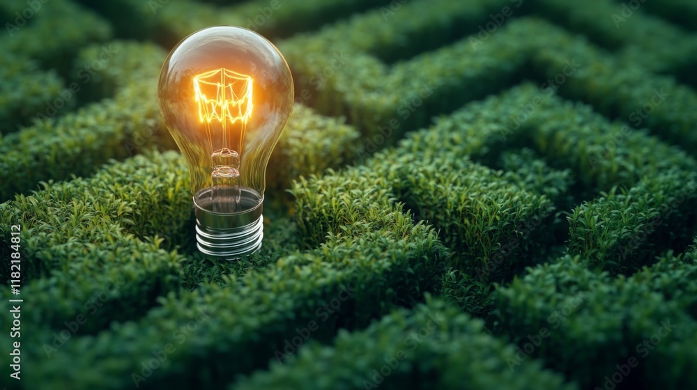 Poster a glowing light bulb sits at the center of a green maze, symbolizing ideas and solutions amidst comp