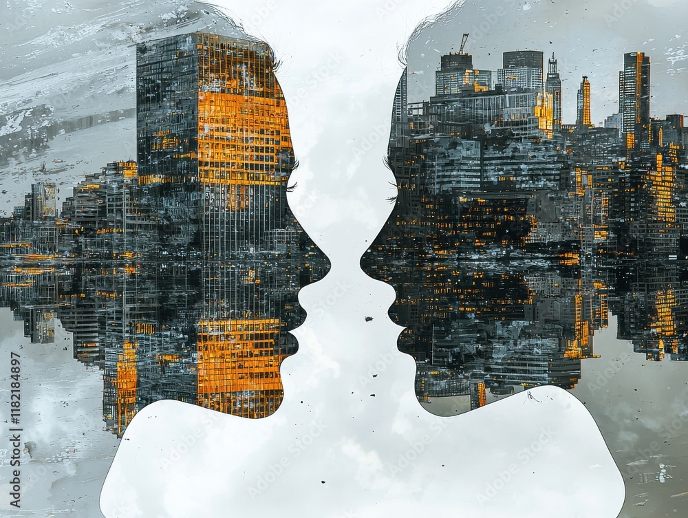 Poster abstract conceptual reflection of two faces merging with cityscape urban environment artistic viewpo