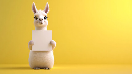 A cute cartoon llama holding a blank sign against a bright yellow background.
