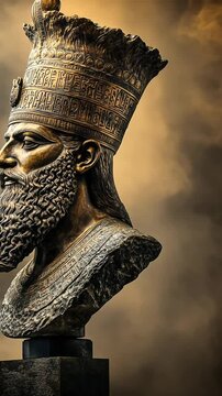 Majestic Bust of Darius the Great against a Dramatic Cloudscape