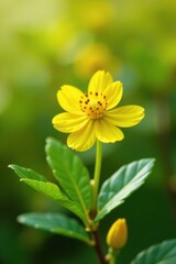 Obraz premium Yellow barberry flower on a stem with green leaves, flora, flowers, spring