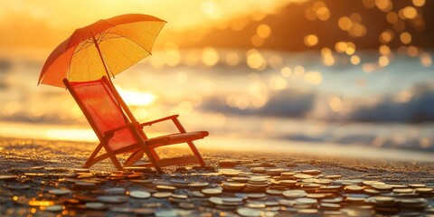A retirement plan concept showing a beach chair and coins, symbolizing leisure after savings.