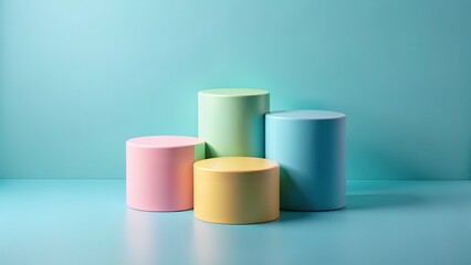 Soft, pastel podiums in a scenic landscape.