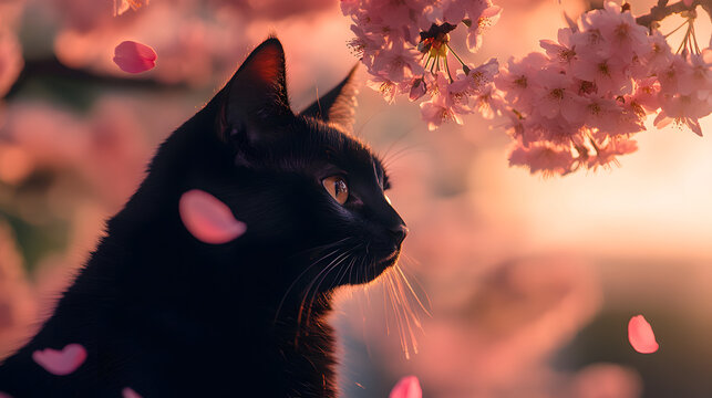 A sleek black cat sitting under the cherry blossoms during hanami season, with pink petals scattered around it and a soft sunset glow in the sky 