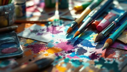 Obraz premium Vibrant array of art supplies and colorful paint splatters on a wooden table