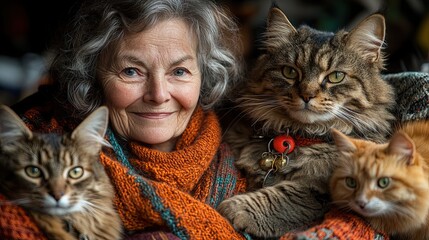 Woman surrounded by three cats with warm expressions in a cozy indoor setting