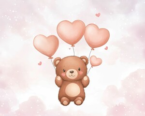 A cute bear holds heart-shaped balloons against a soft, dreamy background, evoking feelings of love and joy.