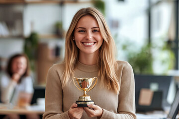 Happy National Employee Appreciation Day. young woman proudly holds trophy in modern office setting. winning, achievement, and workplace recognition.