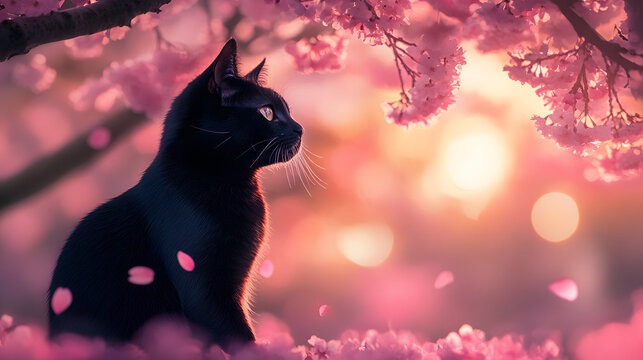 A sleek black cat sitting under the cherry blossoms during hanami season, with pink petals scattered around it and a soft sunset glow in the sky 