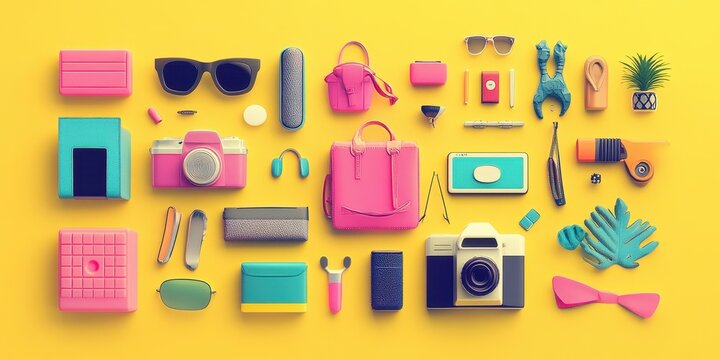 Colorful Accessories and Gadgets Arranged on Yellow Background