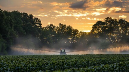 Tractor applying pesticides on soybean field in springtime for crop protection and health