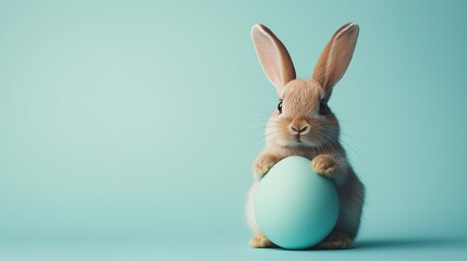 Fototapeta premium Playful bunny with oversized ears beside a pastel colored egg with copy space