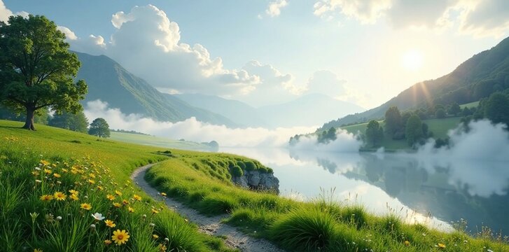 Softly falls a white nuage de paix over a serene landscape with a rameau d olivier crossing through it, spirituality, landscape, serenity