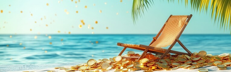 A retirement plan concept showing a beach chair and coins, symbolizing leisure after savings.