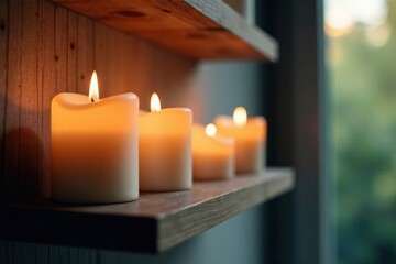 Softly glowing candles on a wooden wall shelf, cozy, warm, hazy