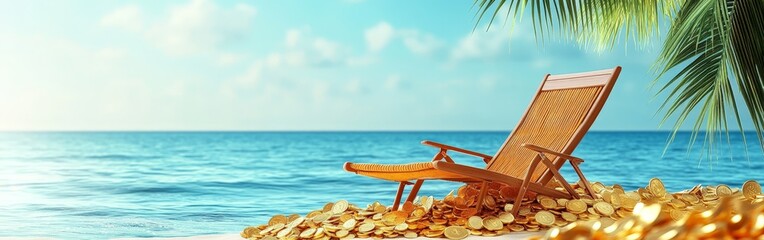 A retirement plan concept showing a beach chair and coins, symbolizing leisure after savings.