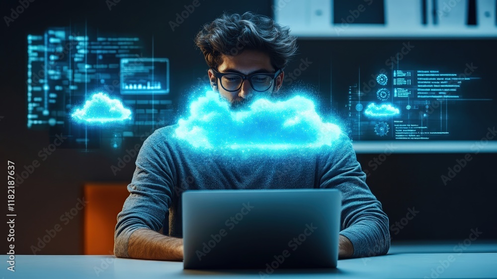 Aufkleber a man works on a laptop with glowing cloud symbols and digital data projected around him, illustrati