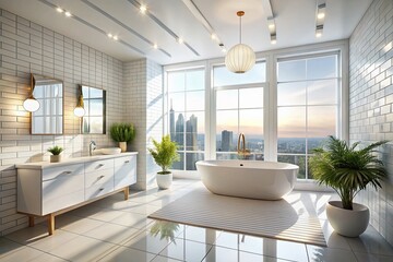Fototapeta premium Sunlit Modern White Bathroom Interior Design, Luxury Tile, Large Windows, 3D Render