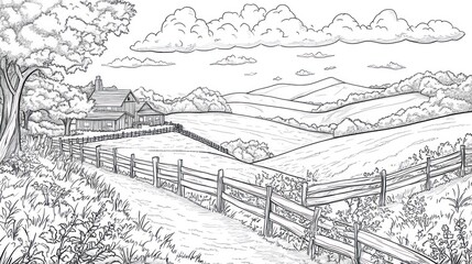 Fototapeta premium Rural Farm Scene Sketch Rolling Hills, Fence, Farmhouse