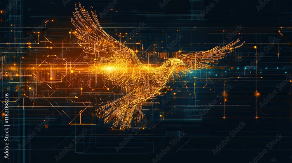 Poster digital artwork of a glowing bird soaring through a network of circuits and lights at night