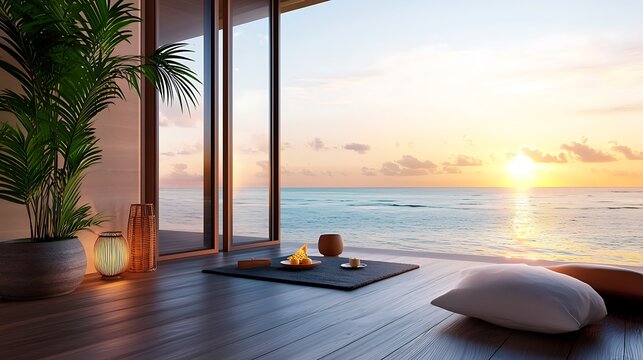 Holographic Relaxation Room Showcasing Guided Meditation and Serene Ocean Sunset Backdrop  Peaceful Minimalist Interior Design with Cozy Furnishings and Calming Ambiance for Wellness and Self Care