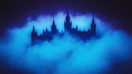Fototapeta premium Mysterious silhouette of a castle emerging from eerie fog at night in a dark setting