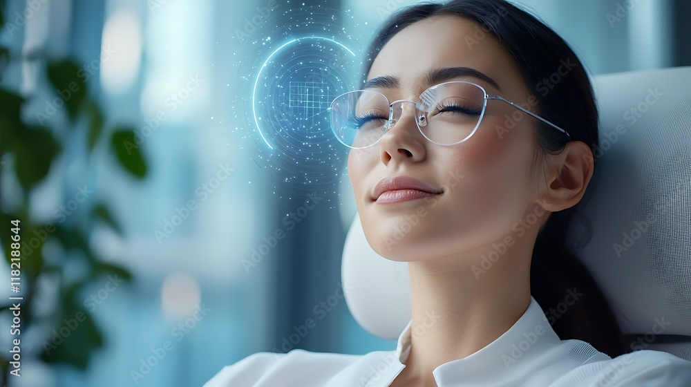 Poster a business professional wearing glasses thoughtfully reviewing data and progress using holographic d