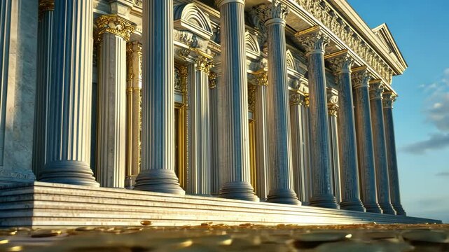 Beautiful architecture of a grand temple with golden coins scattered on the steps in a serene outdoor setting