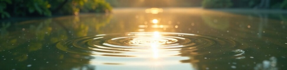 Soft morning sunlight ripples on a still pond's surface, producing an ethereal effect, pond, calm