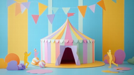 Fototapeta premium Create a Whimsical Paper Craft Circus Tent in Pastel Stripes Home Studio Art Project Bright Environment Close-Up View Paper Craft Art Delight