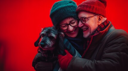 A happy elderly couple in winter attire embracing their dog.