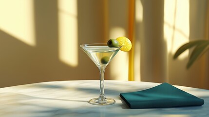 Gin martini with olive garnish and blue napkin.
