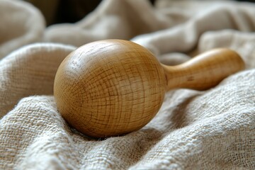 A wooden baby rattle resting on a soft linen fabric.