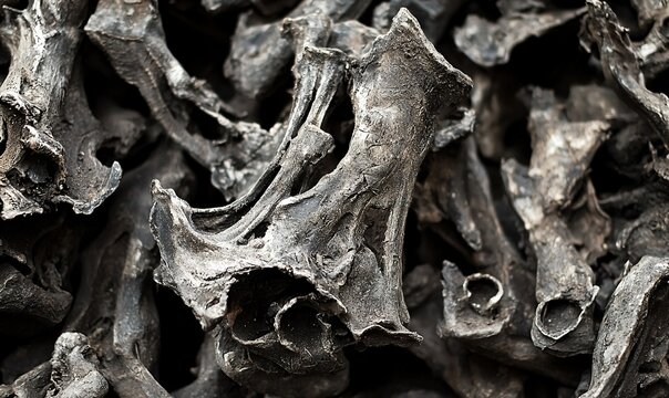 Pile of dark, dried animal bones, close-up detail, for educational or morbid themes.