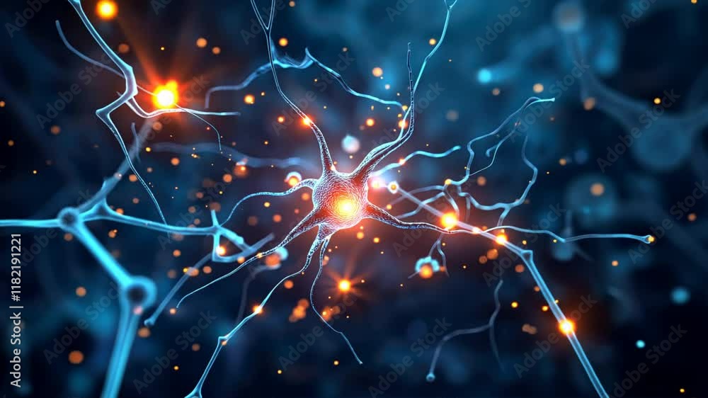 Poster vibrant neurons with glowing connections exploring neural networks, synapses, and complexity of biol
