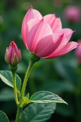 Naklejka premium Soft pink petals of Mallow unfold on the stem, pink flowers, botanical garden