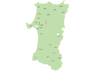 秋田県　地図　黄緑　斑点　イラスト