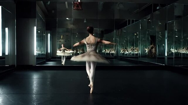 Ballet Dancer Performs Graceful Pirouette in Studio With Mirrors Reflecting Elegance and Skill