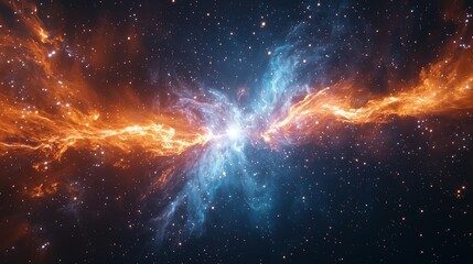 Obraz premium A cosmic nebula, bright colors, intricate star patterns, glowing celestial details.